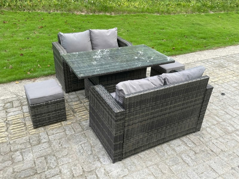 Fimous PE Rattan Garden Furniture Sofa Set Dining Table Height Adjustable Rising lifting Table Two Seater Double Love Sofa