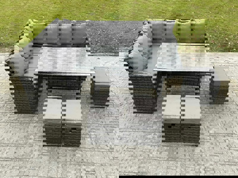 Fimous Outdoor Rattan Garden Furniture Corner Sofa Set with Rectangular Dining Table 3 Small Footstools Patio Wicker Rattan Set Dark Grey Mixed