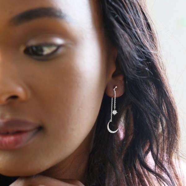 Silver Crystal Star And Moon Double Drop Earrings - alternative angle