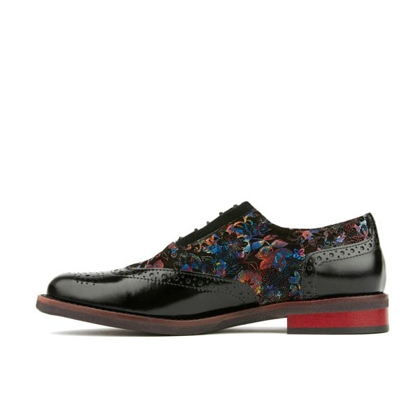 Embassy London Vivienne - Black Flower - Women's almond toe lace up leather oxfords with broguing