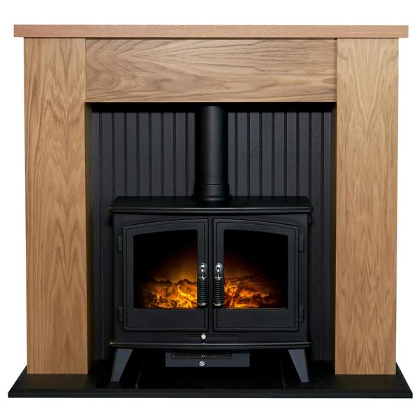 Adam New England Stove Fireplace in Oak & Black with Woodhouse Electric Stove in Black, 48 Inch
