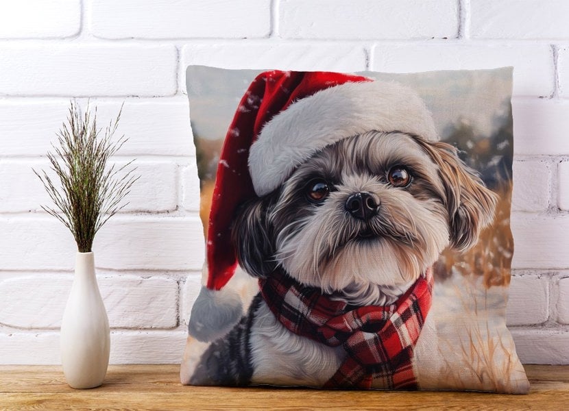 Warren Reed Christmas Shih Tzu Cushion