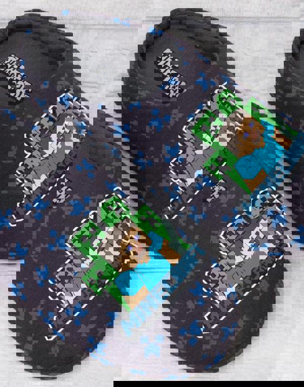 Minecraft Boys Blue Creeper Zombie Sequin Applique Slip On Loafer Slippers [dis]