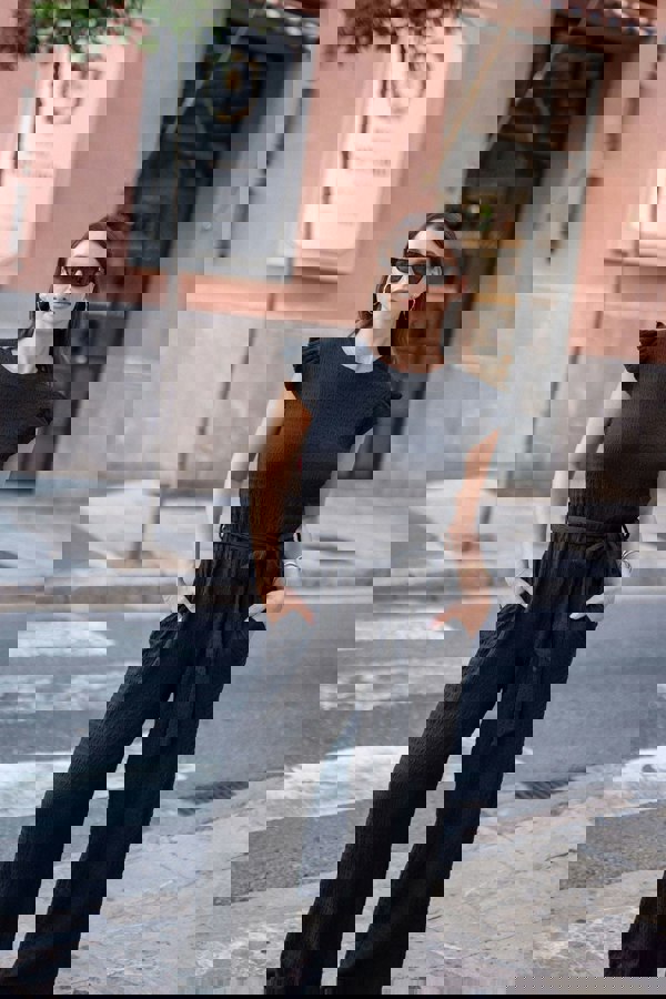 Gini London Black Stretch Texture Frill Elasticated Waist Jumpsuit