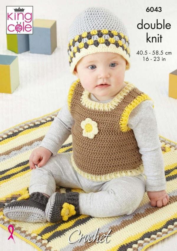 King Cole Cherished DK Crochet Pattern 6043, Tops, Slipovers, Headwear, Blankets, Shoes for Baby, 16 - 23 Inches