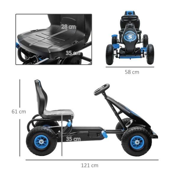 Kids pedal go kart side profile with adjustable seat, showing overall length and width