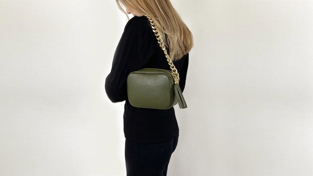 Apatchy London The Tassel Olive Green Leather Crossbody Bag With Gold Chain Strap