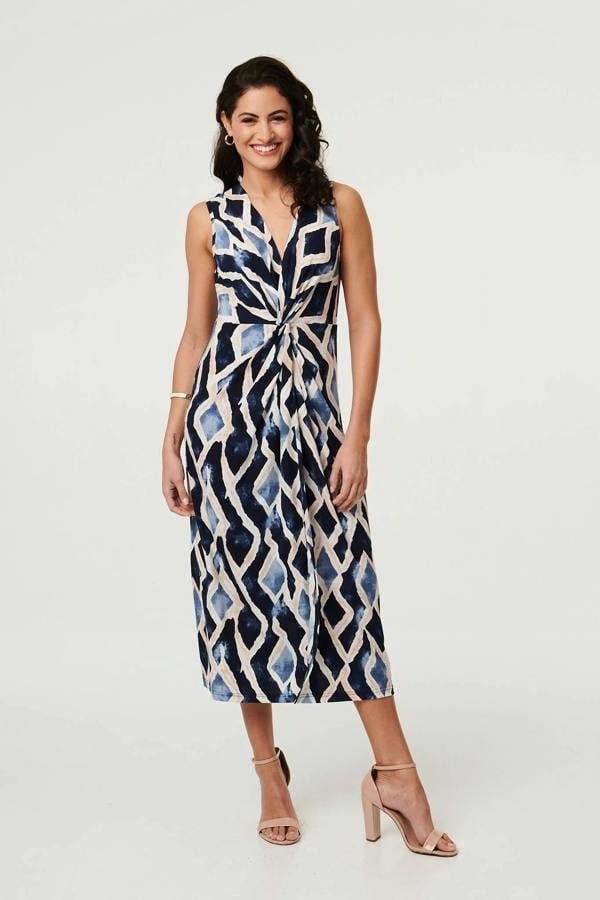 Navy | Printed Sleeveless Twist Midi Dress
