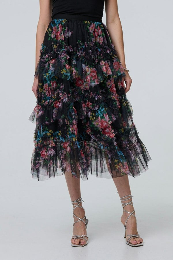 Black | Floral Semi Sheer Mesh Ruffled Midi Dress
