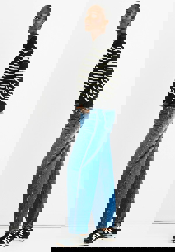 Gini London Black Recycle Stripe V Neck Collar Knit Jumper