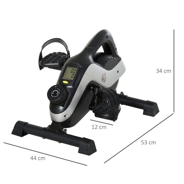 Black compact under-desk mini exercise bike with LCD display, pedals, and support stand