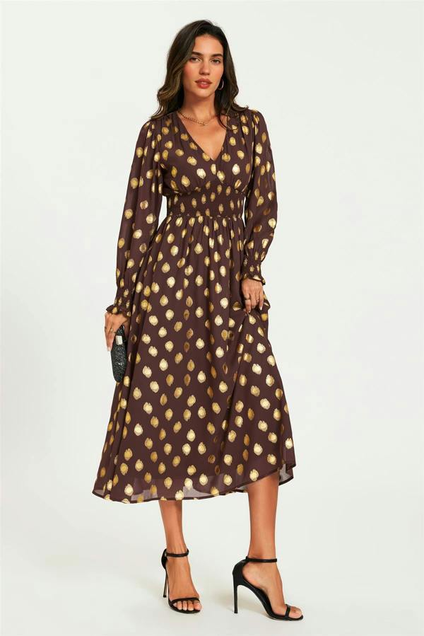 FS Collection Gold Foil Long Sleeve Maxi Dress In Brown