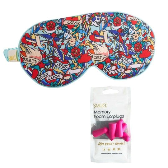 SMUG Satin Sleep Mask - Tattoo Print - Sleep Mask & Pink Earplugs