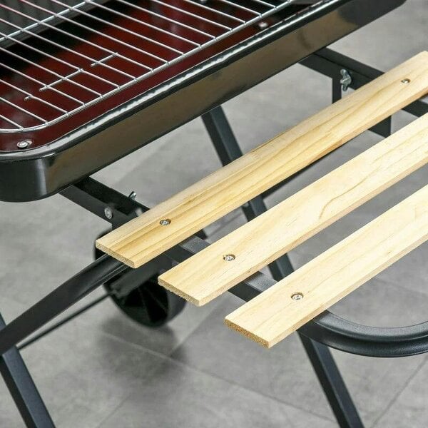 Bobobiy Charcoal Trolley BBQ Barbecue Grill Patio Camping Picnic Garden Party Outdoor Cooking with Windshield and Wheels Side Trays, Black/Red