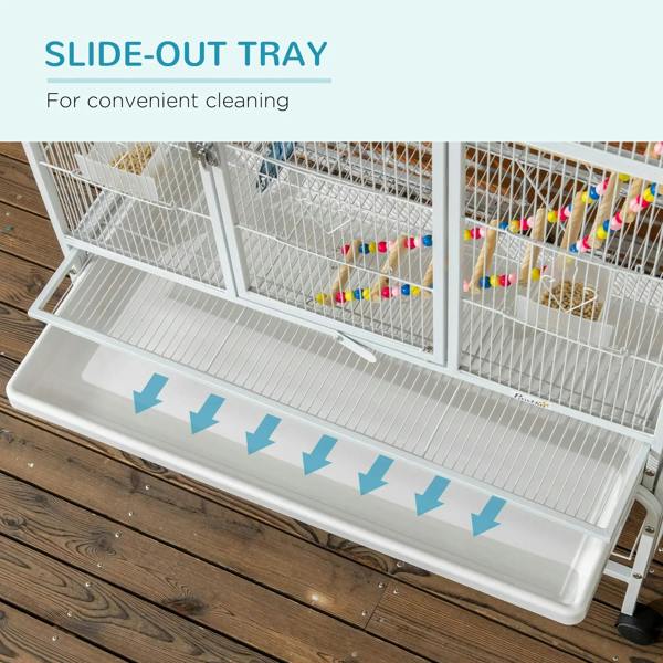 White bird cage with slide-out bottom tray for easy cleaning