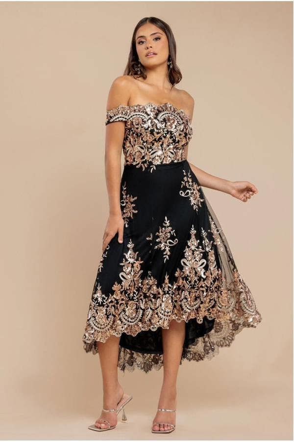 Bardot Sequin & Lace High Low Midi - Champagne DR3675