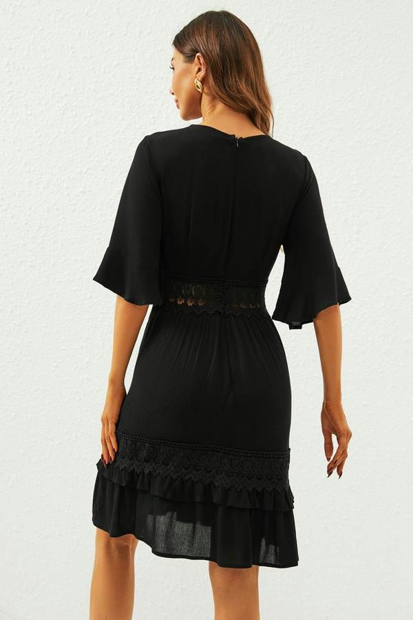 FS Collection V Neck Lace Mini Dress In Black