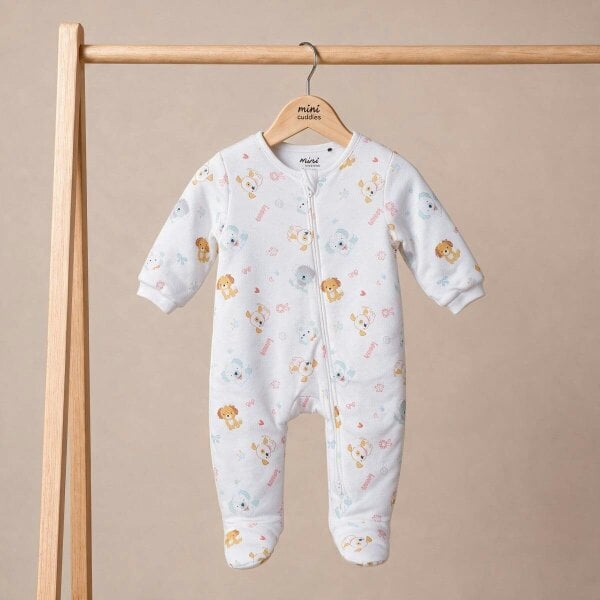 Mini Cuddles Puppy-Print Sleepsuit (White)