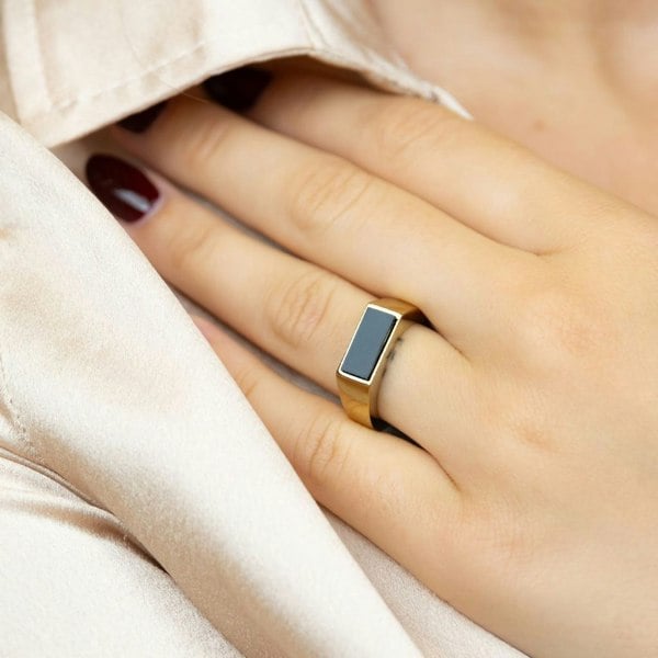 The Colourful Aura Flat Top Rectangle Thin Black Signet Solid Brass 18ct Gold Ring