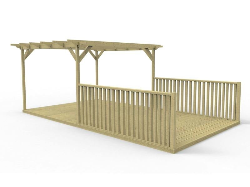 Rectangular pergola and decking kit with balustrade, made from pressure treated timber and high quality pergola posts, featuring a raised wooden deck, vertical slatted balustrade, and an open pergola roof frame.