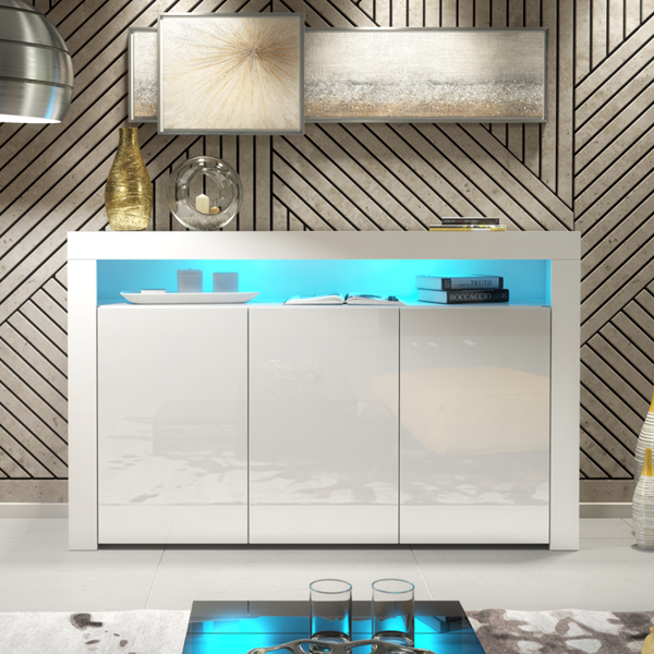 Mex Furniture 155cm Sideboard TV Stand Cupboard Cabinet – White High Gloss Doors with Free LED