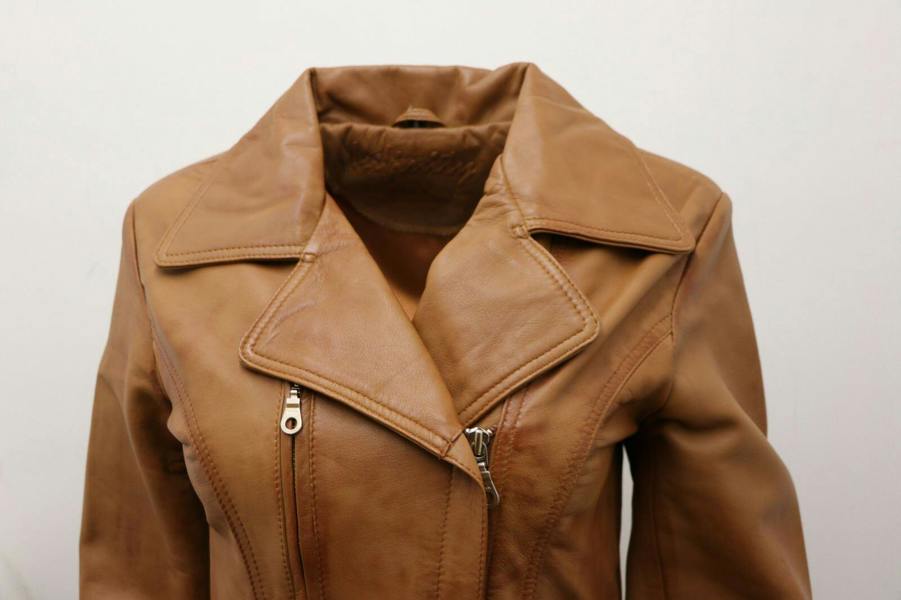 Womens Md Length Leather Biker Jacket-Okehampton - Upperclass Fashions 