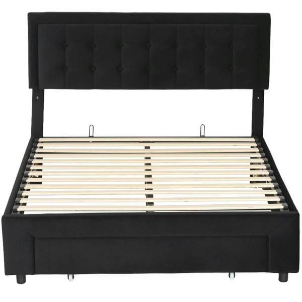 Black upholstered double bed frame with slatted base and padded headboard