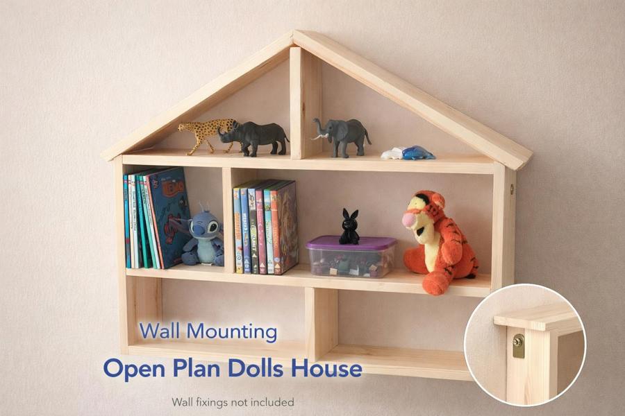 Wall mounted wooden house shelf unit with fixing plate detail
