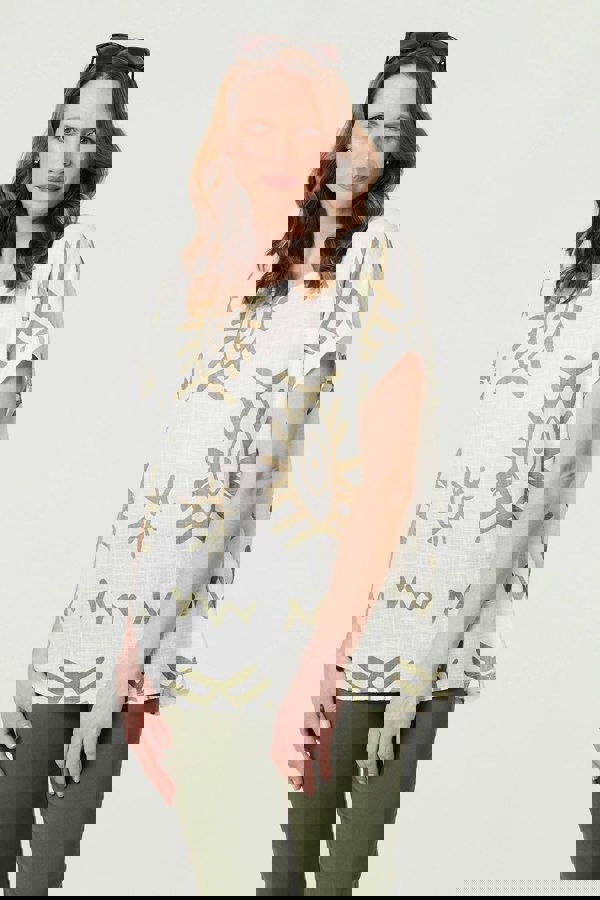 Khaki | Printed Short Sleeve Relaxed Blouse
