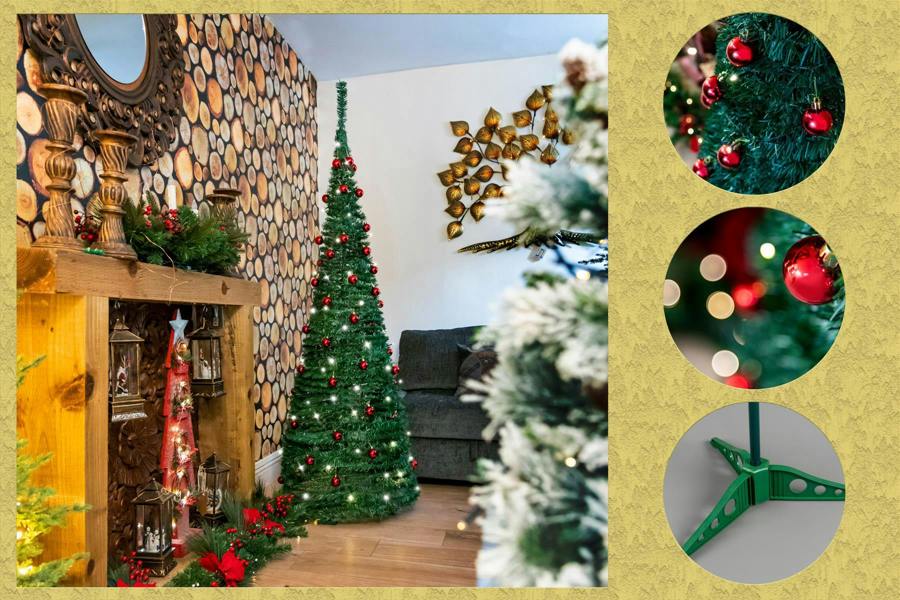 4ft to 6ft Pre-Lit Pop Up Christmas Trees with Warm White LED Lights and Red Baubles image 7