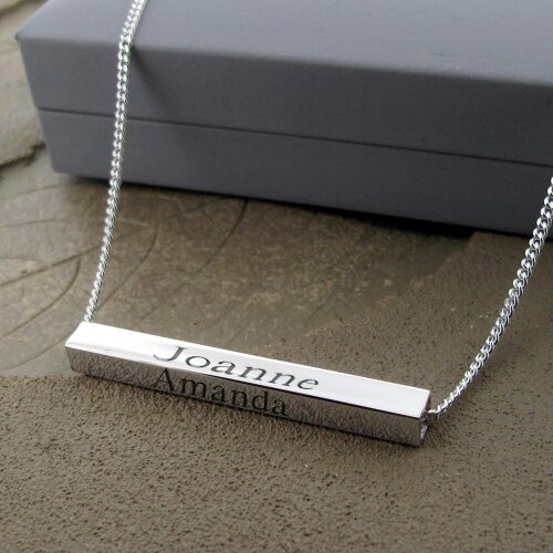 Christopher James of London Silver 3D Horizontal Engraved Name Bar Pendant With Chain