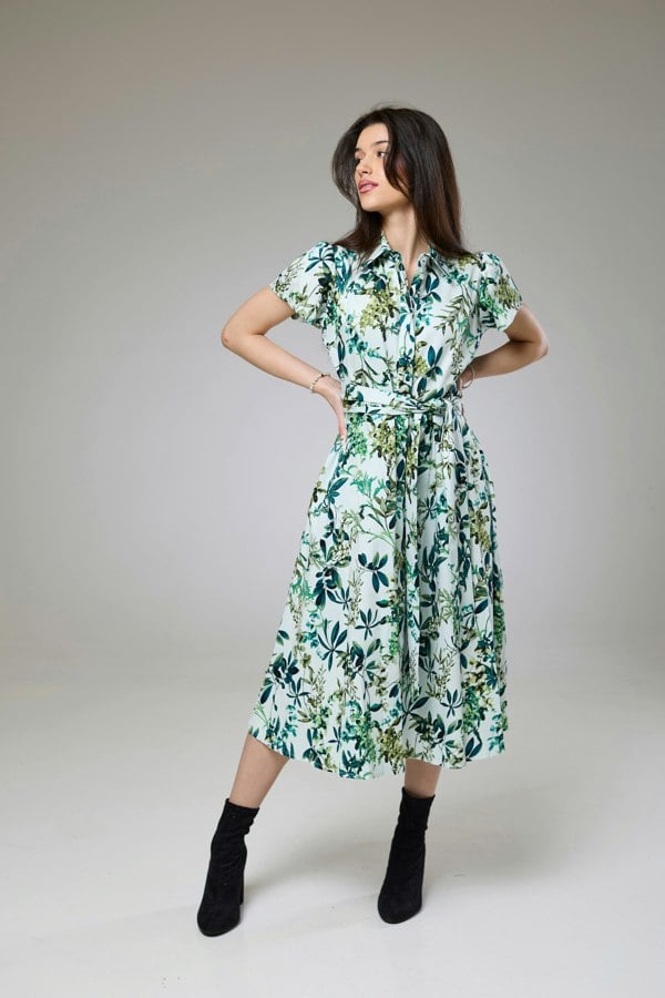 Isha's Timeless collection Flourish Green Flora Short Sleeve Shirt Dress