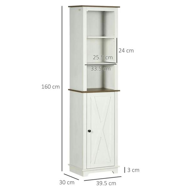 White tall cabinet with open shelves and lower door, side view with dimensions