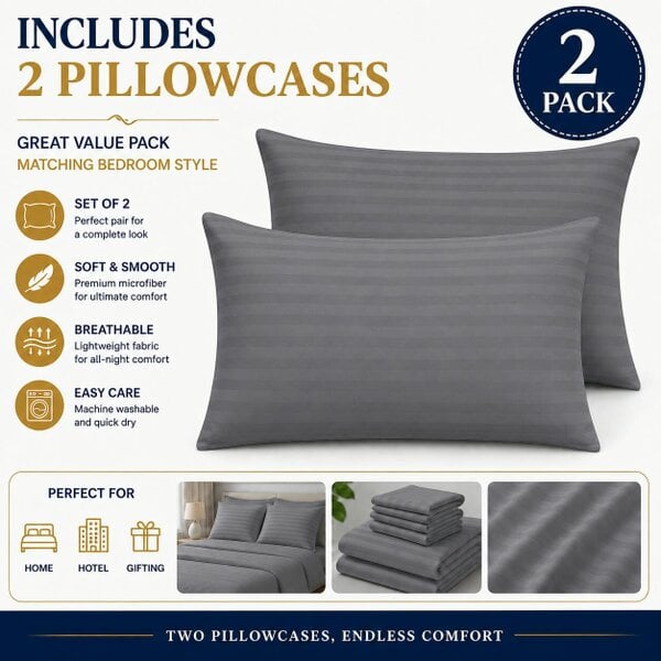 Night Zone Microfibre Stripe Pillowcase Set of 2 – Soft Hotel Style Bed Linen - Charcoal