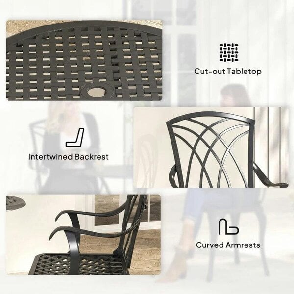 Bobobiy 3 Pieces Garden Dining Set for 2, Cast Aluminium Outdoor Dining Set with 2 Armchairs and Round Dining Table with Parasol Hole, Brown