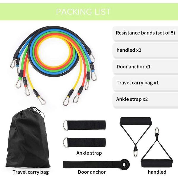 ENER-J Set of 11 Home Exercise Resistance Band With Foam Handles, Ankle Straps & Door Anchor Attachment