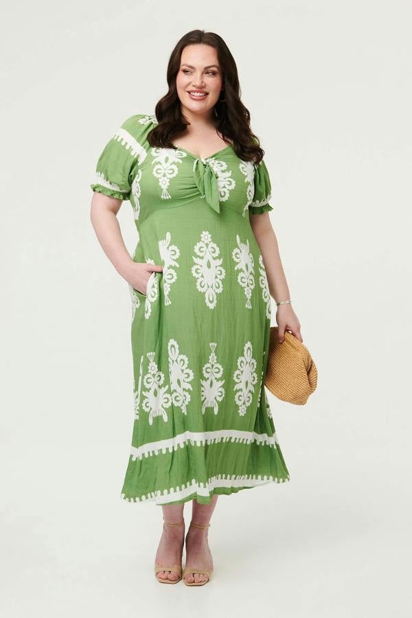 Green | Curve Printed Puff Sleeve Tie Midi Dress