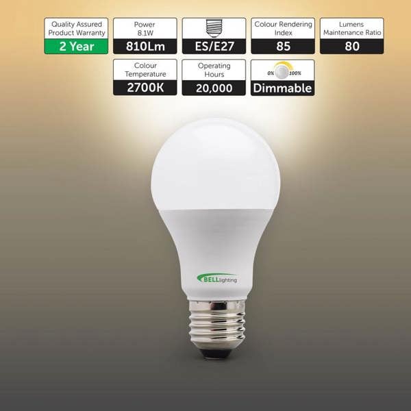 BELL Lighting E27 Edison Screw 8.1W GLS Dimmable LED Light Bulbs