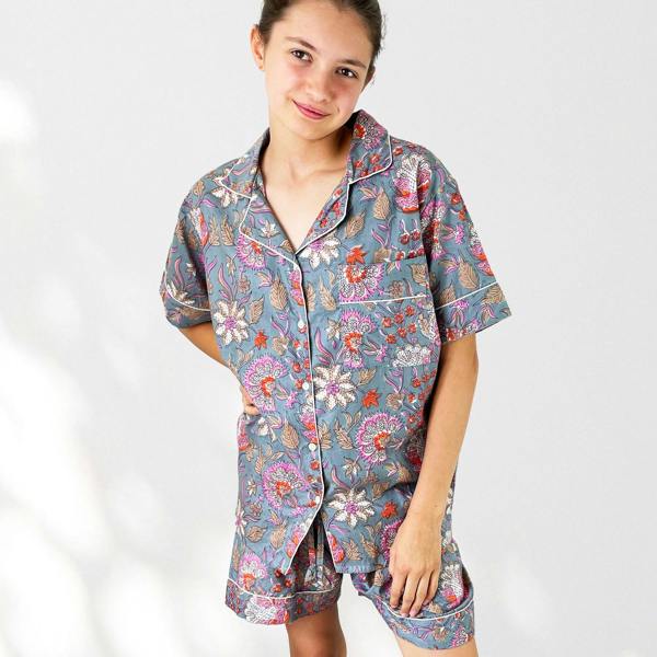 Hayley & Co Floral 100% Cotton Short Pyjama Set in Grey and Pink