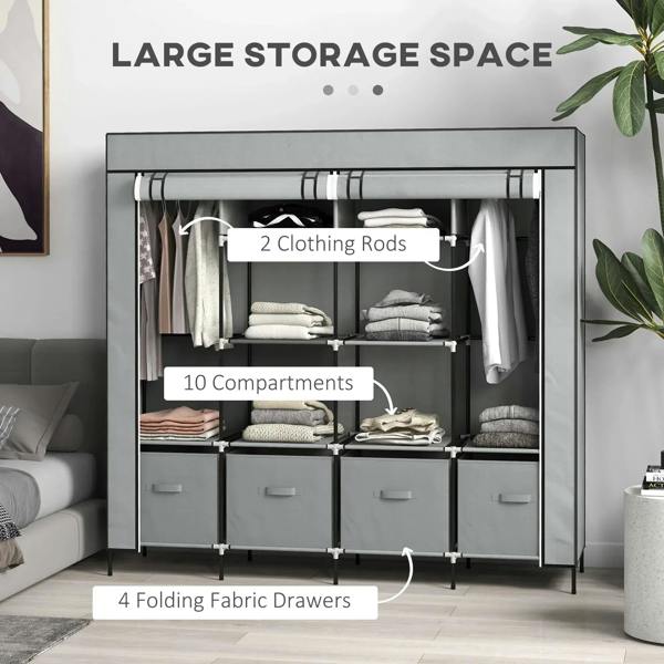Dark grey fabric wardrobe with hanging rail storage and four folding fabric drawers