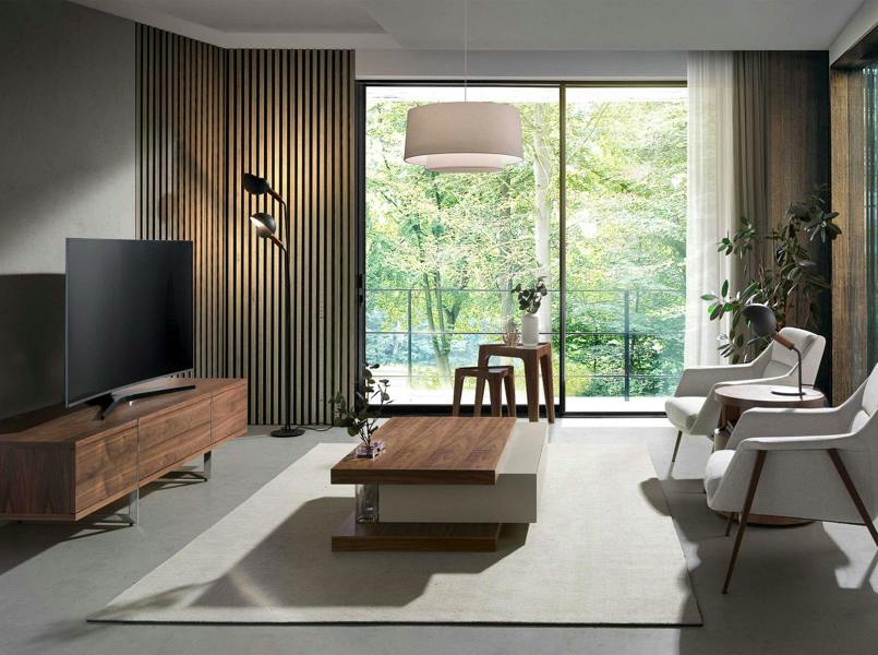 Angel Cerdá Triangular corner table in tempered glass and walnut 2107