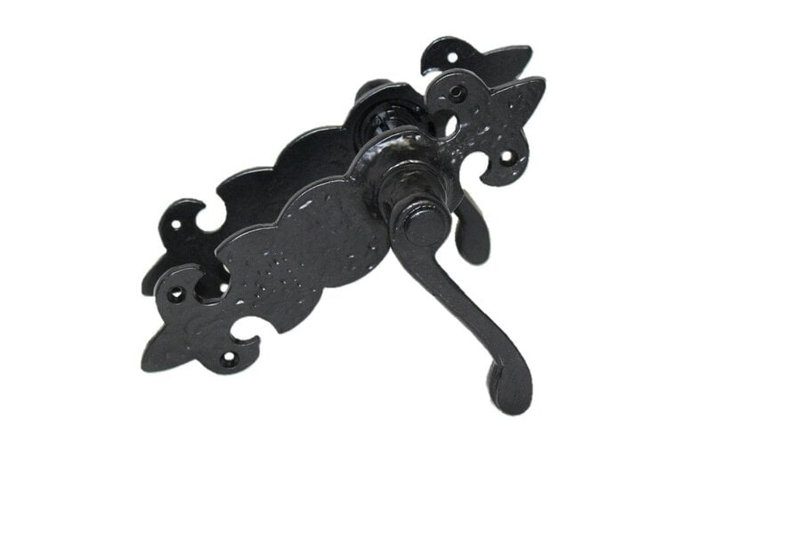 EDH Door Hardware Black Cast Iron Fleur-de-Lys Door Handles – Lever Latch, Bathroom Lock & 3 Lever Lock Sets
