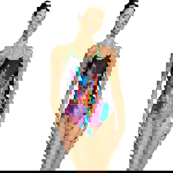 Zoggs Skyscraper Sprintback black swimsuit with colorful cityscape design