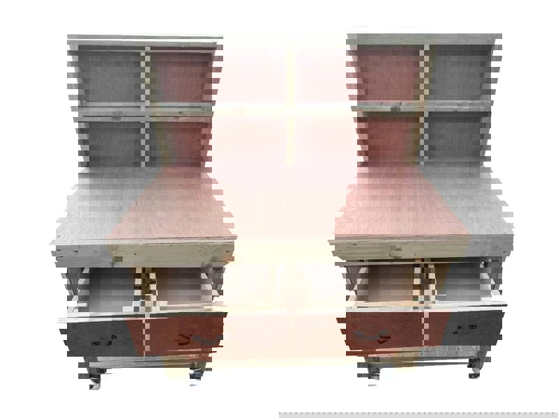 Wooden eucalyptus Top Workbench – Mobile Tool Cabinet with Drawers, Back Panel and wheels, Ideal for Dry Indoor Spaces Such as Garages, Workshops, and Studios.