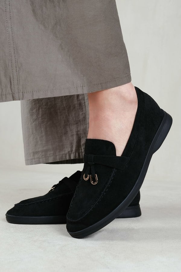 Where's That From Pegasus Wide Fit Slip On Trim Loafers With Accessory Detailing In Black Suede