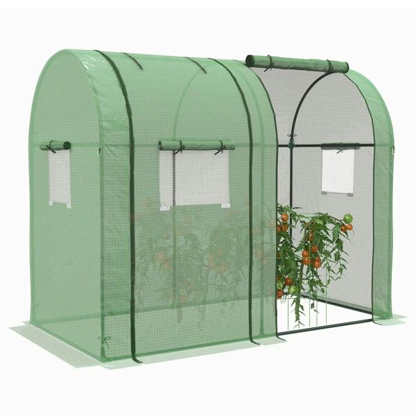 Green portable mesh greenhouse with roll-up doors and two mesh window panels