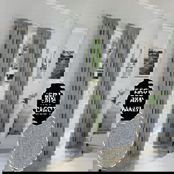 Enhanced Living Grey Textured Basketweave 100% Blackout Pencil Pleat Thermal Energy Saving Curtains - Ideal for Living Rooms & Bedrooms
