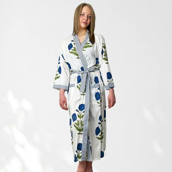 Hayley & Co White and Blue Flower Print 100% Cotton Dressing Gown