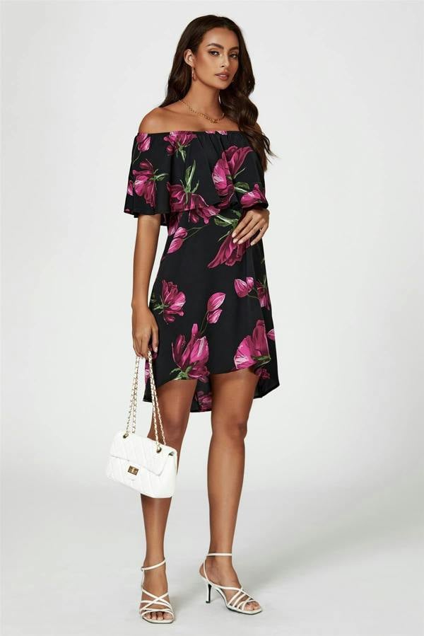 FS Collection Pink Floral Print Bardot Frill Off Shoulder Mini Dress In Black
