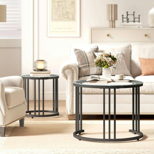 Wyld Haus Kane Set of 2 Metal And Glass Black Round Nesting Tables With Steel Frame